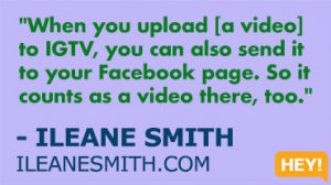 "When you upload [a video] to IGTV, you can also send it to your Facebook page. So it counts as a video there, too." - ILEANE SMITH ILEANESMITH.COM