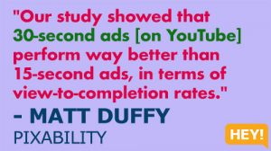 "Our study showed that 30 second ads [on YouTube] perform way better than 15 second ads, in terms of view-to-completion rates." - MATT DUFFY, PIXABILITY