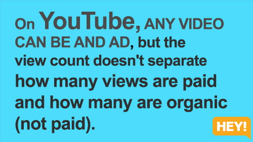 On YouTube, ANY VIDEO  CAN BE AND AD, but the  view count doesn't separate  how many views are paid  and how many are organic  (not paid).