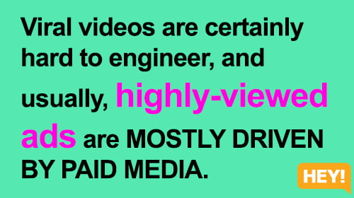 Viral videos are certainly  hard to engineer, and  usually, highly-viewed  ads are MOSTLY DRIVEN  BY PAID MEDIA.